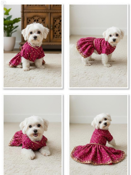 Dog wearing a pink dress in four different poses on a light background
