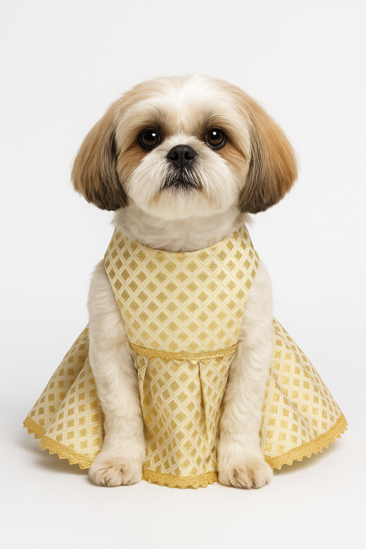 Shih Tzu dog in designer gold lehenga dress