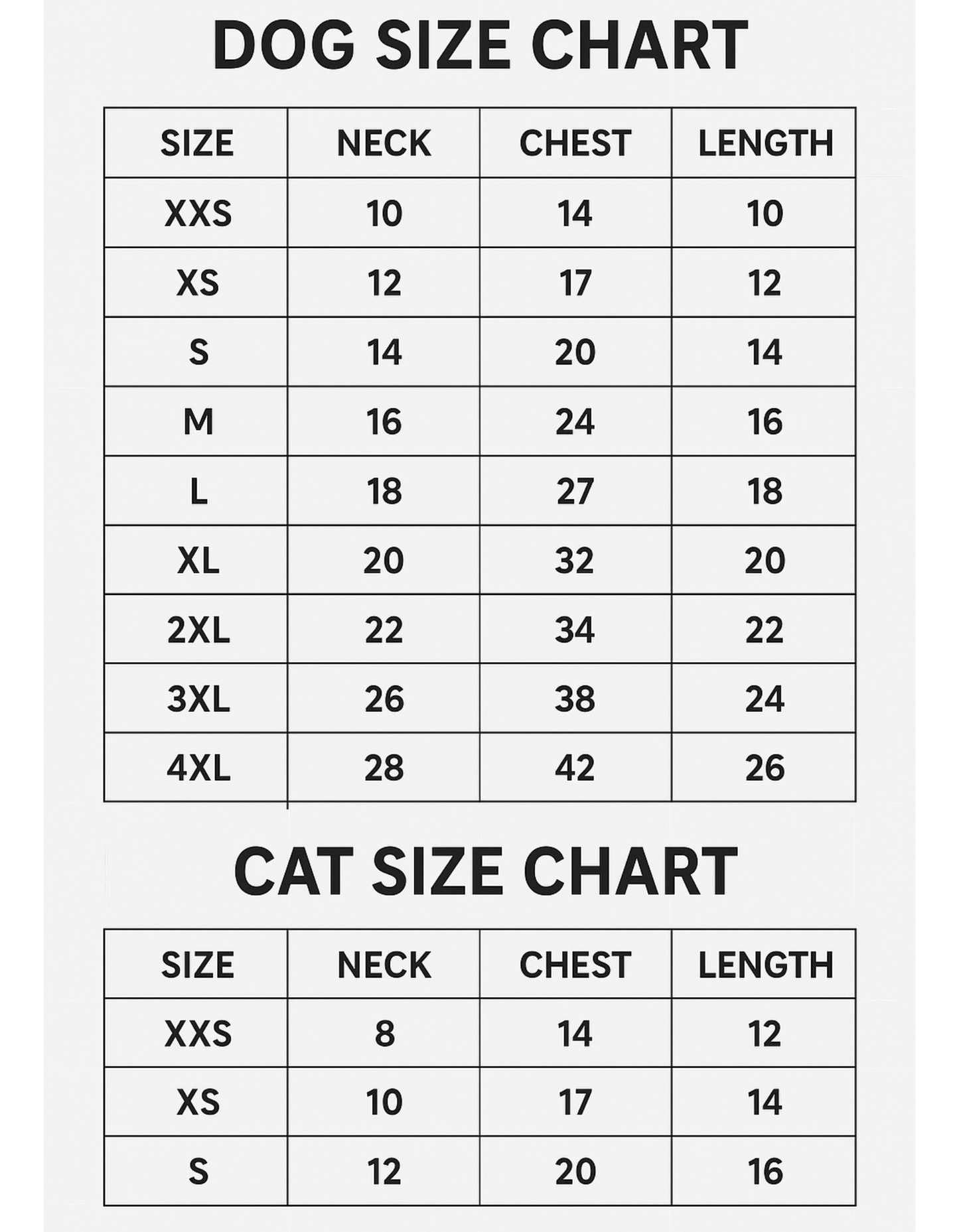 Dog and cat size charts with measurements on a white background