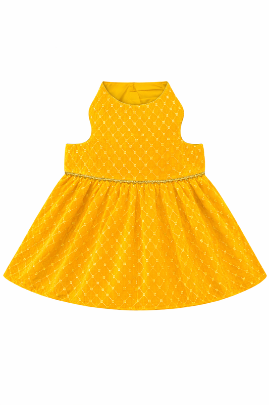 Yellow dress with white polka dots on a white background