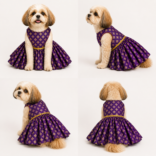 Dog wearing a purple dress with gold accents in multiple poses on a white background
