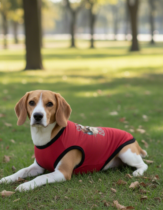 Dog wearing a red shirt in a park setting