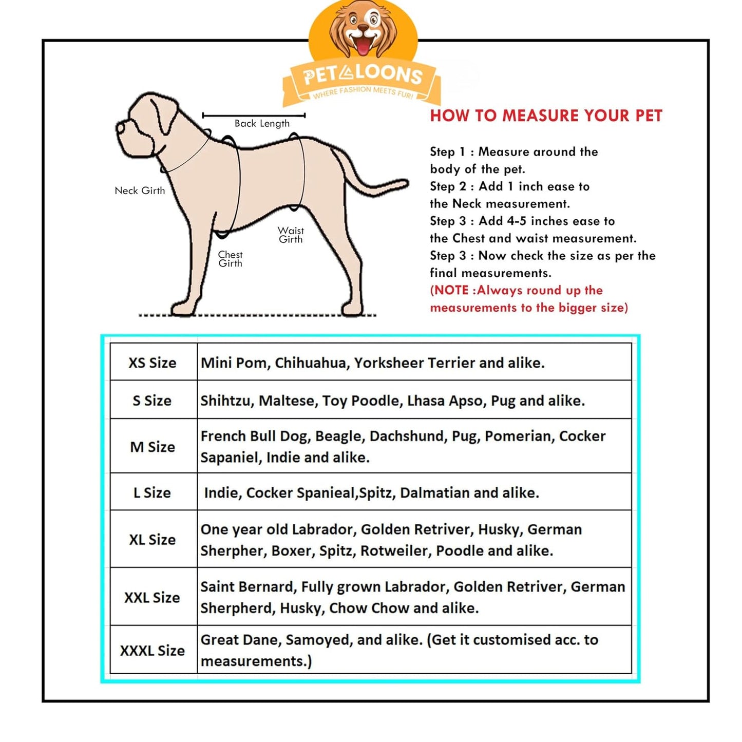 Petaloons dog measuring chart with instructions and size guide.