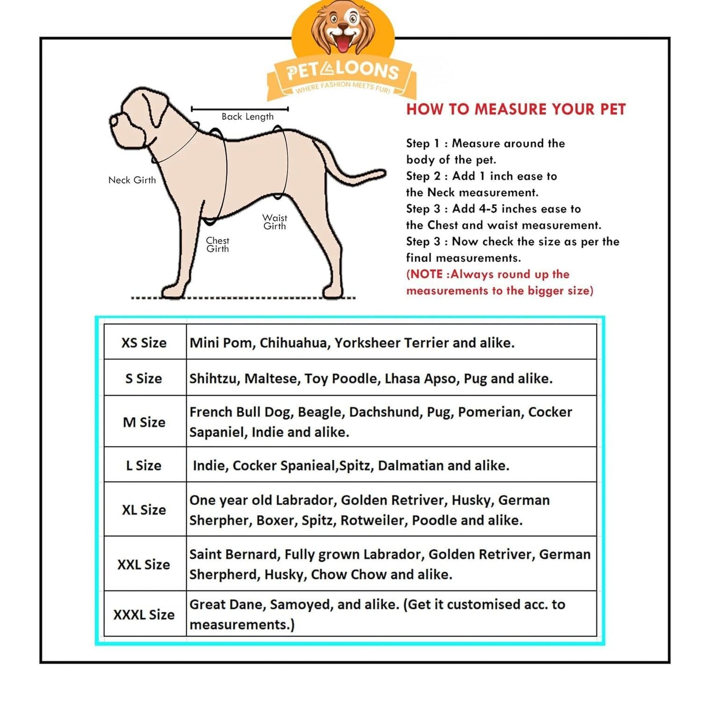 Petaloons dog measuring chart with instructions and size guide.