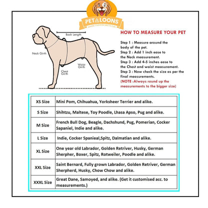 Petaloons dog measuring chart with instructions and size guide.