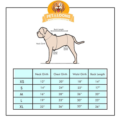 Petaloons dog collar size chart with a diagram of a dog and measurement guide.