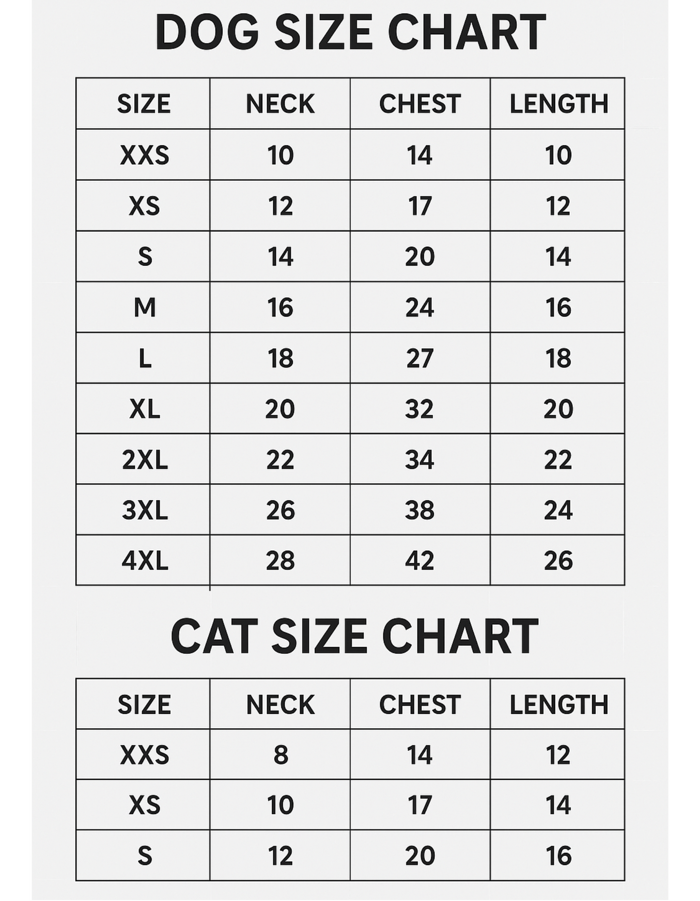 Dog and cat size charts with measurements on a white background