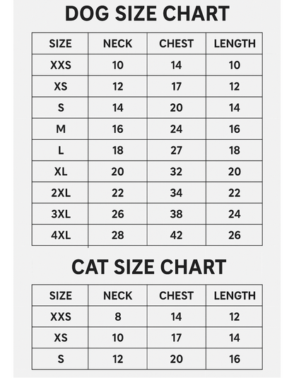 Dog and cat size charts with measurements on a white background