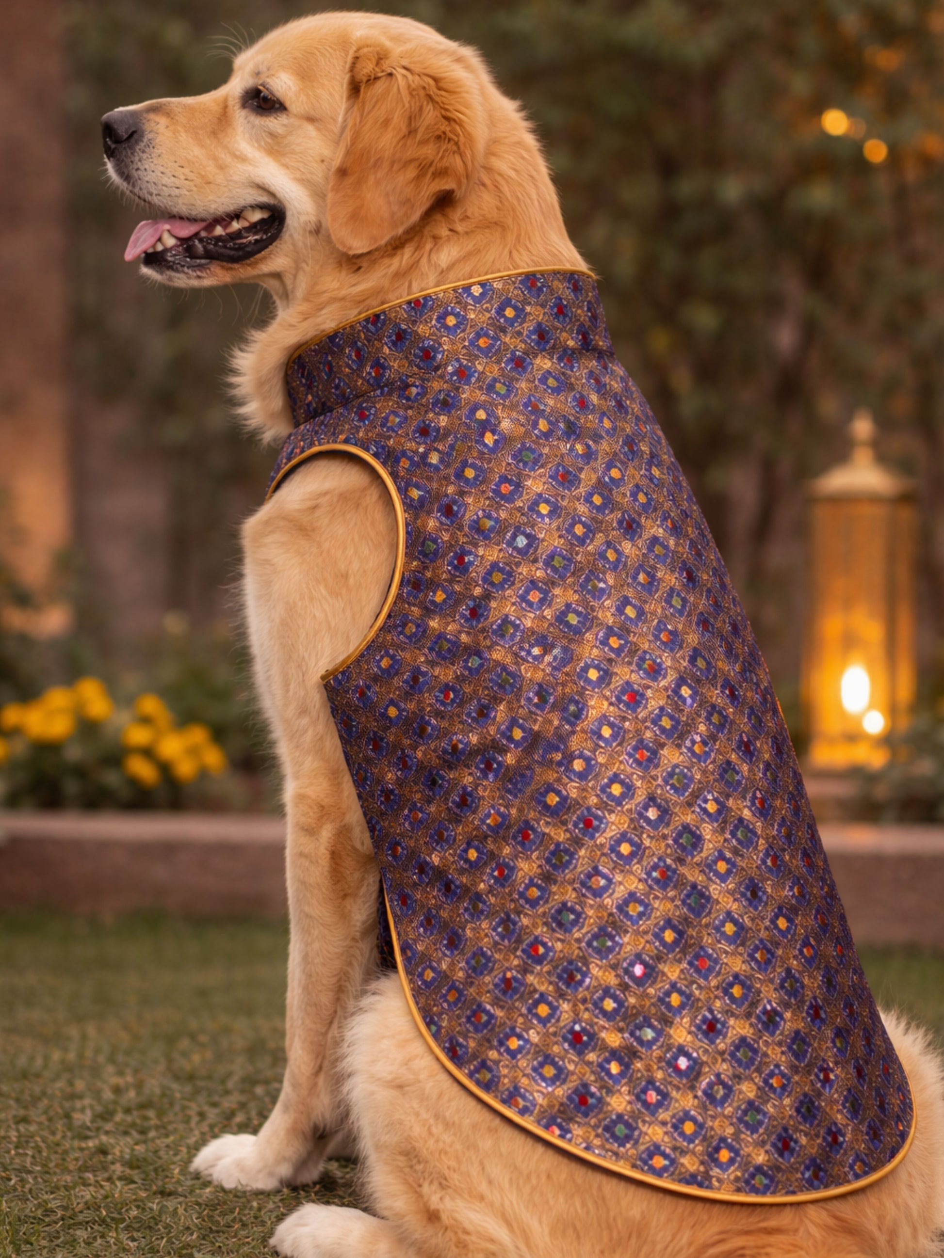 Dog wearing a patterned purple and gold vest outdoors.
