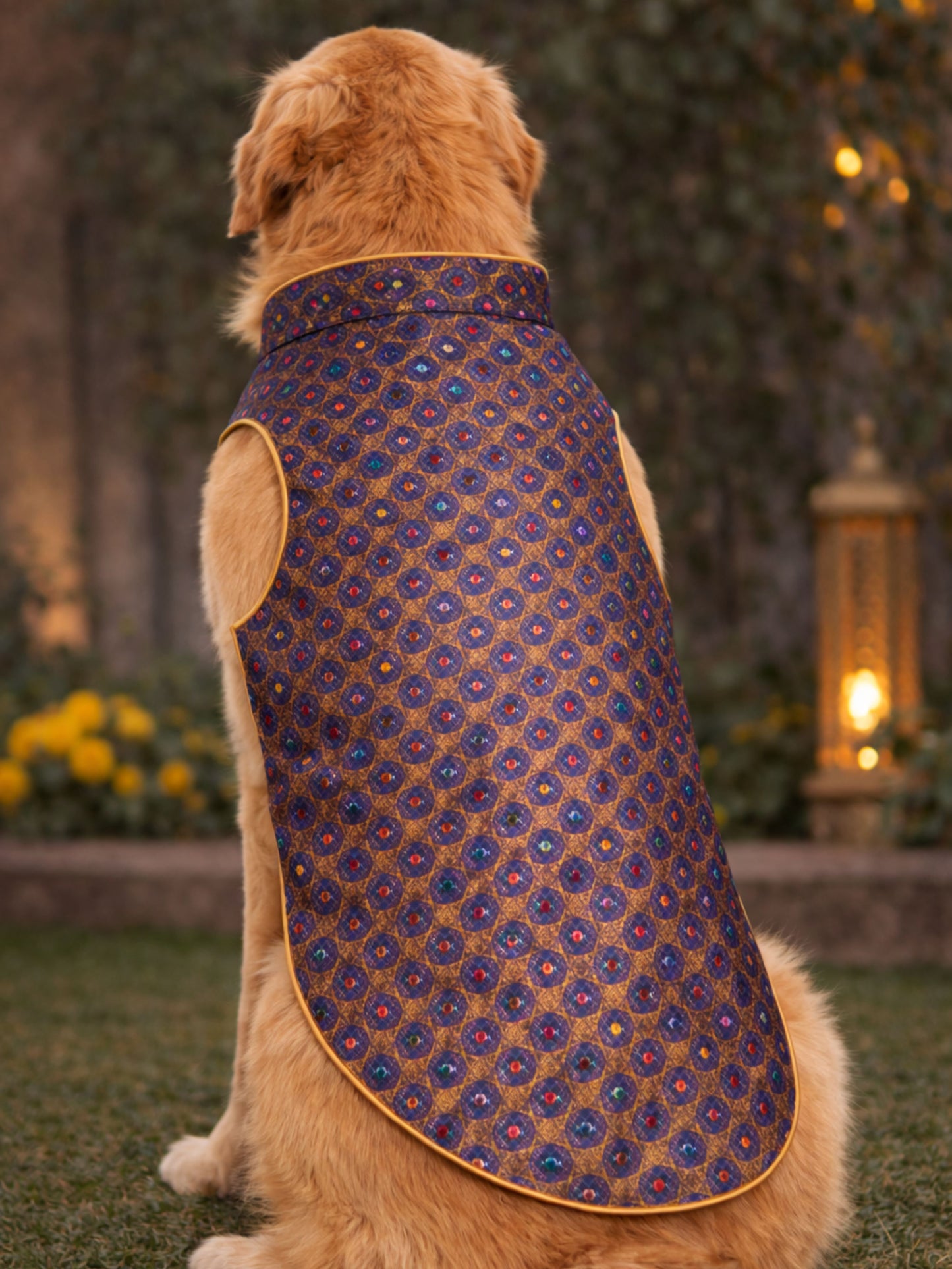 Dog wearing a patterned blue and gold coat outdoors with greenery in the background