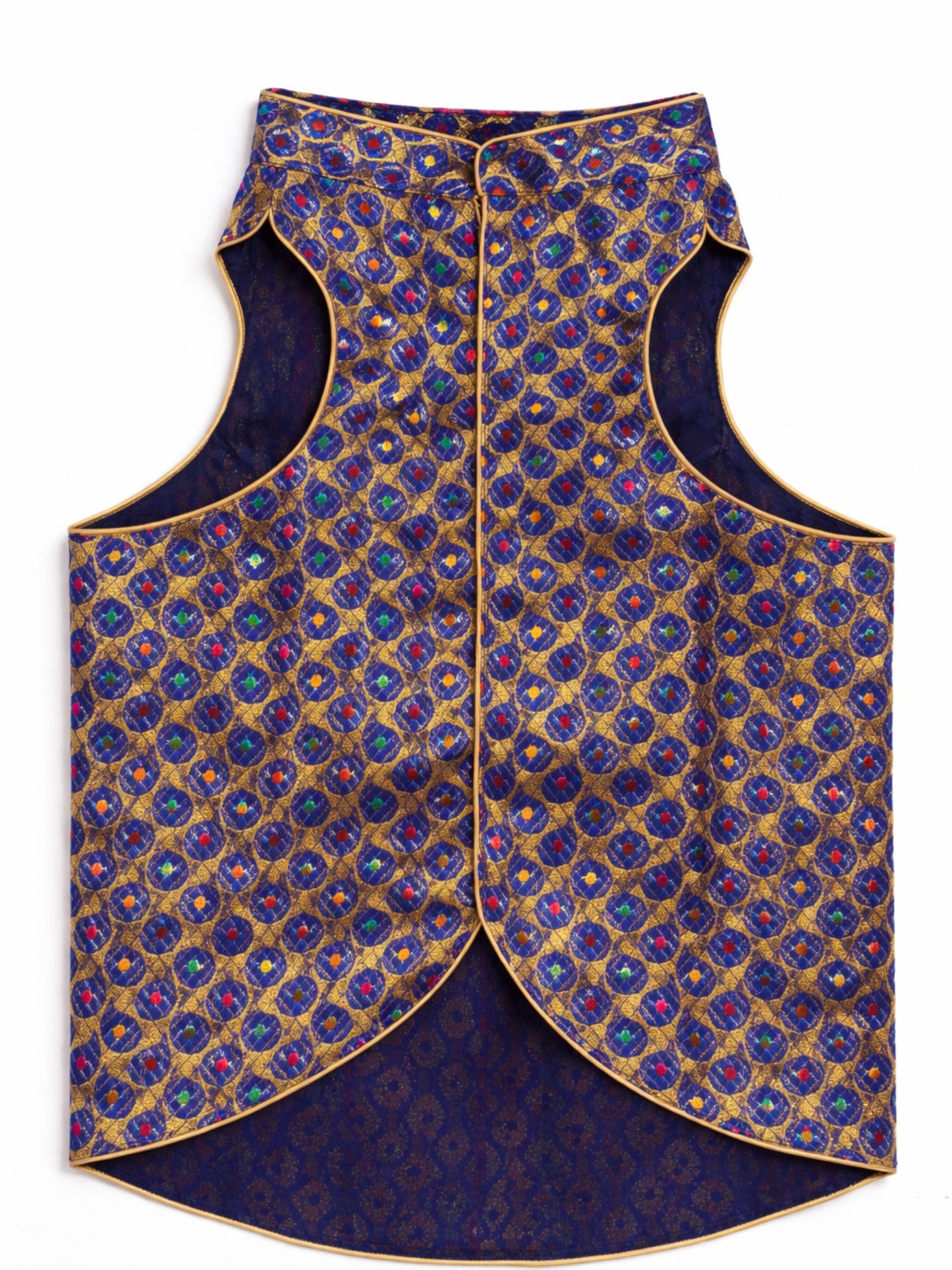Decorative vest with blue and gold pattern on a white background