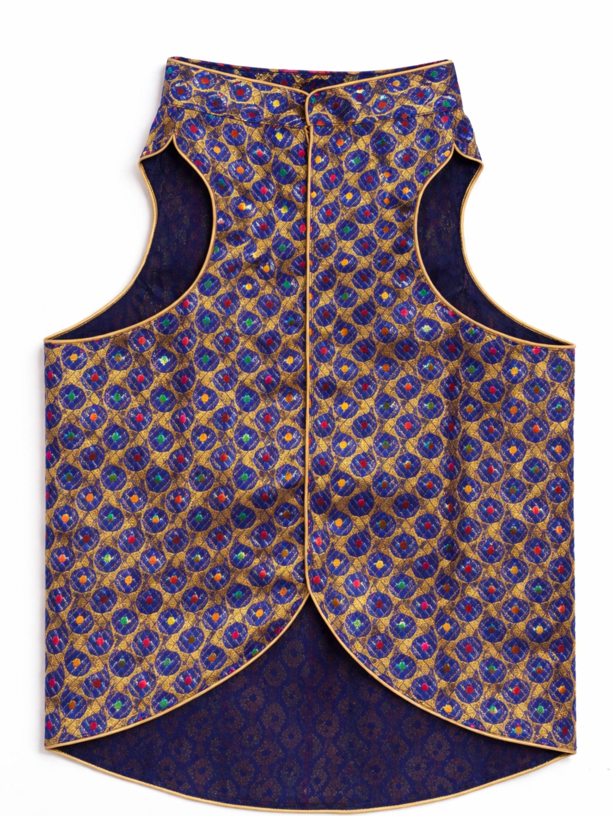 Decorative vest with blue and gold pattern on a white background