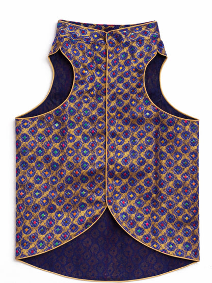 Decorative vest with blue and gold pattern on a white background