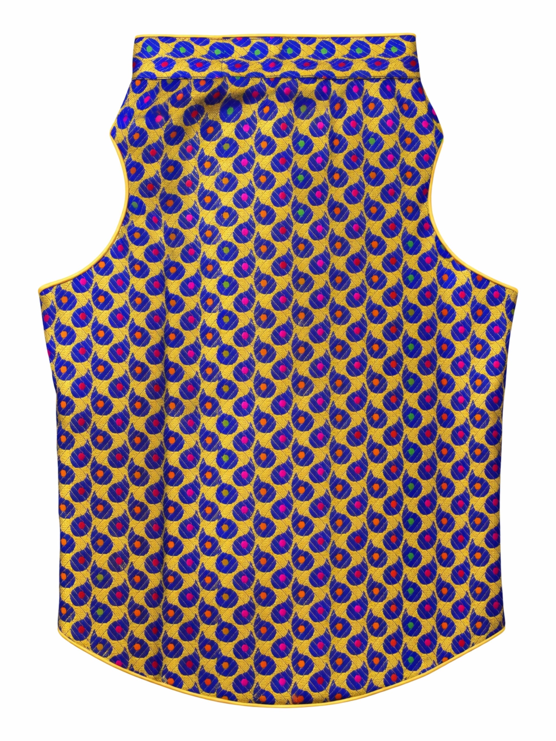 Dog vest with blue and purple geometric pattern on a yellow background