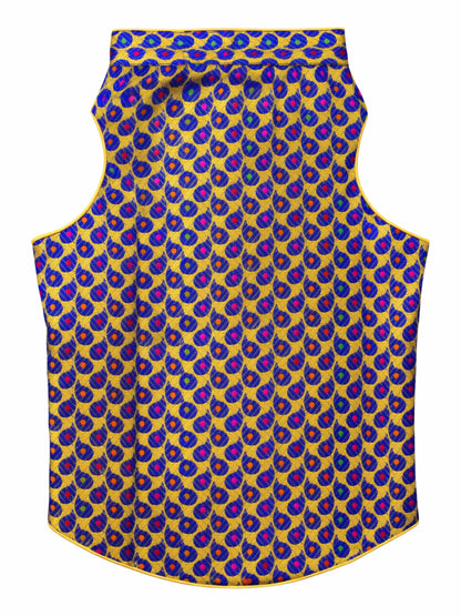 Dog vest with blue and purple geometric pattern on a yellow background