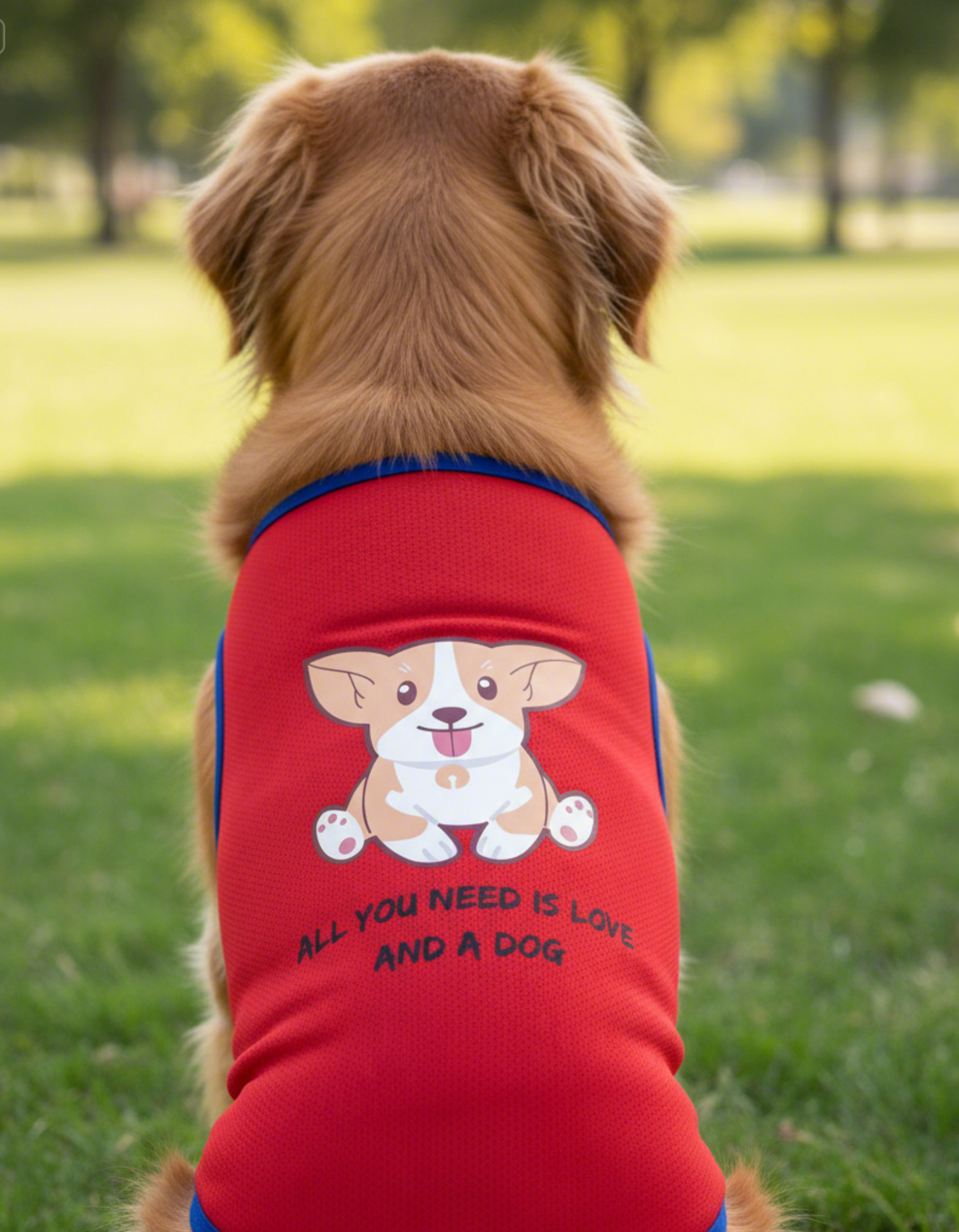 Dog wearing a red shirt with a cartoon dog design and text in a park.