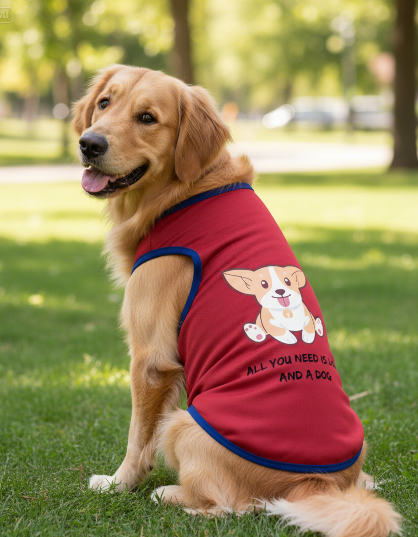 Dog wearing a red shirt with a cartoon design and text, sitting on grass.