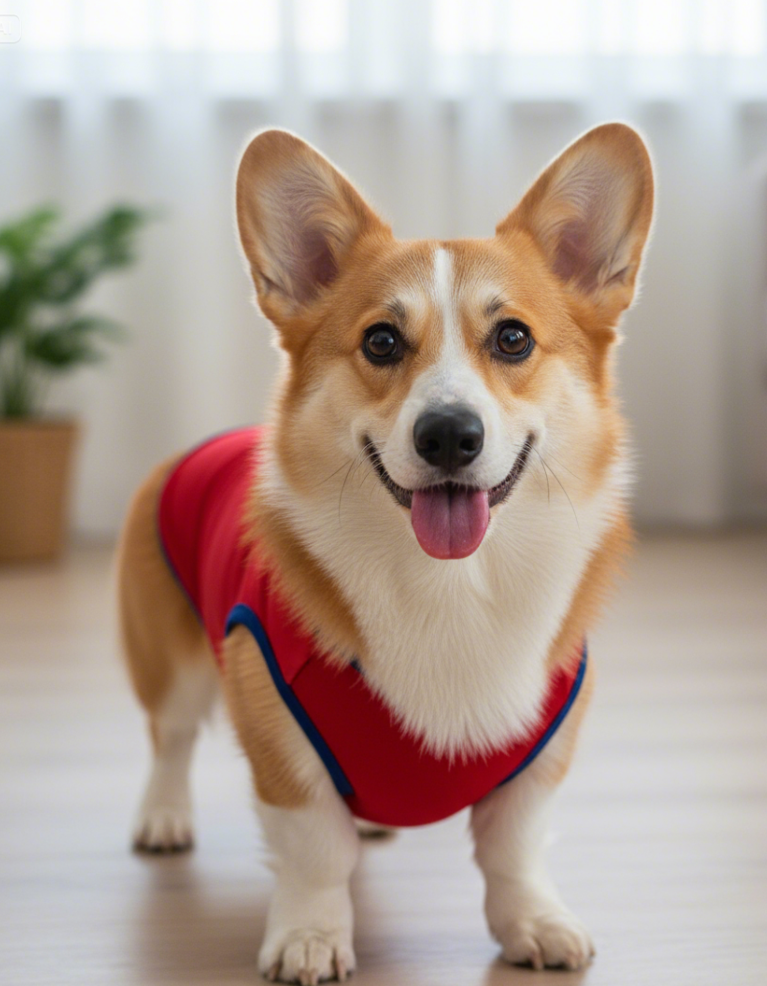 Corgi dog wearing a red sweater indoors with a blurred background