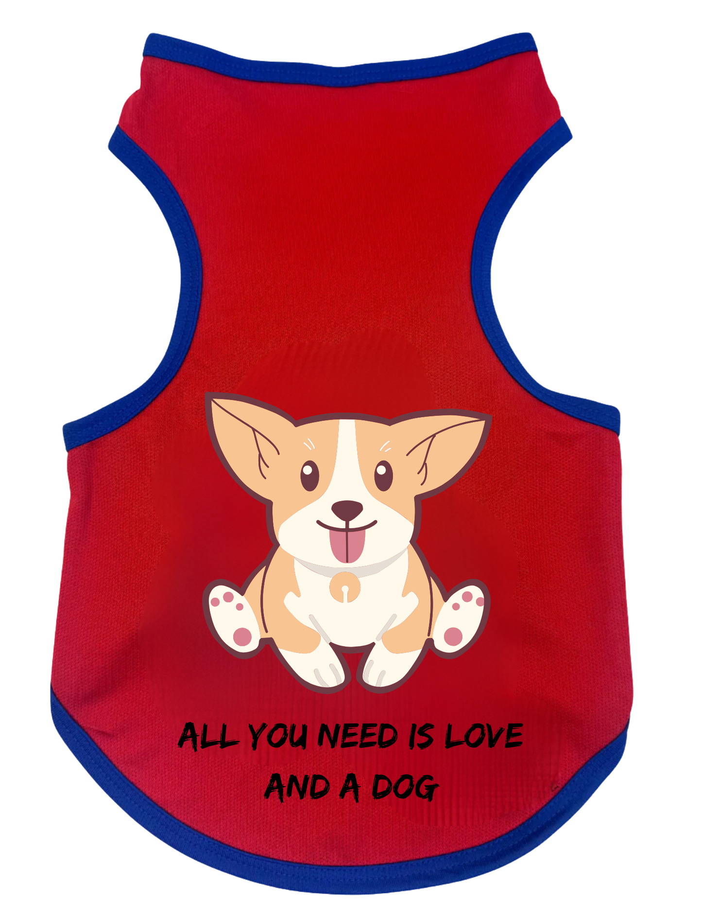 Red pet vest with a cartoon dog and text on a white background