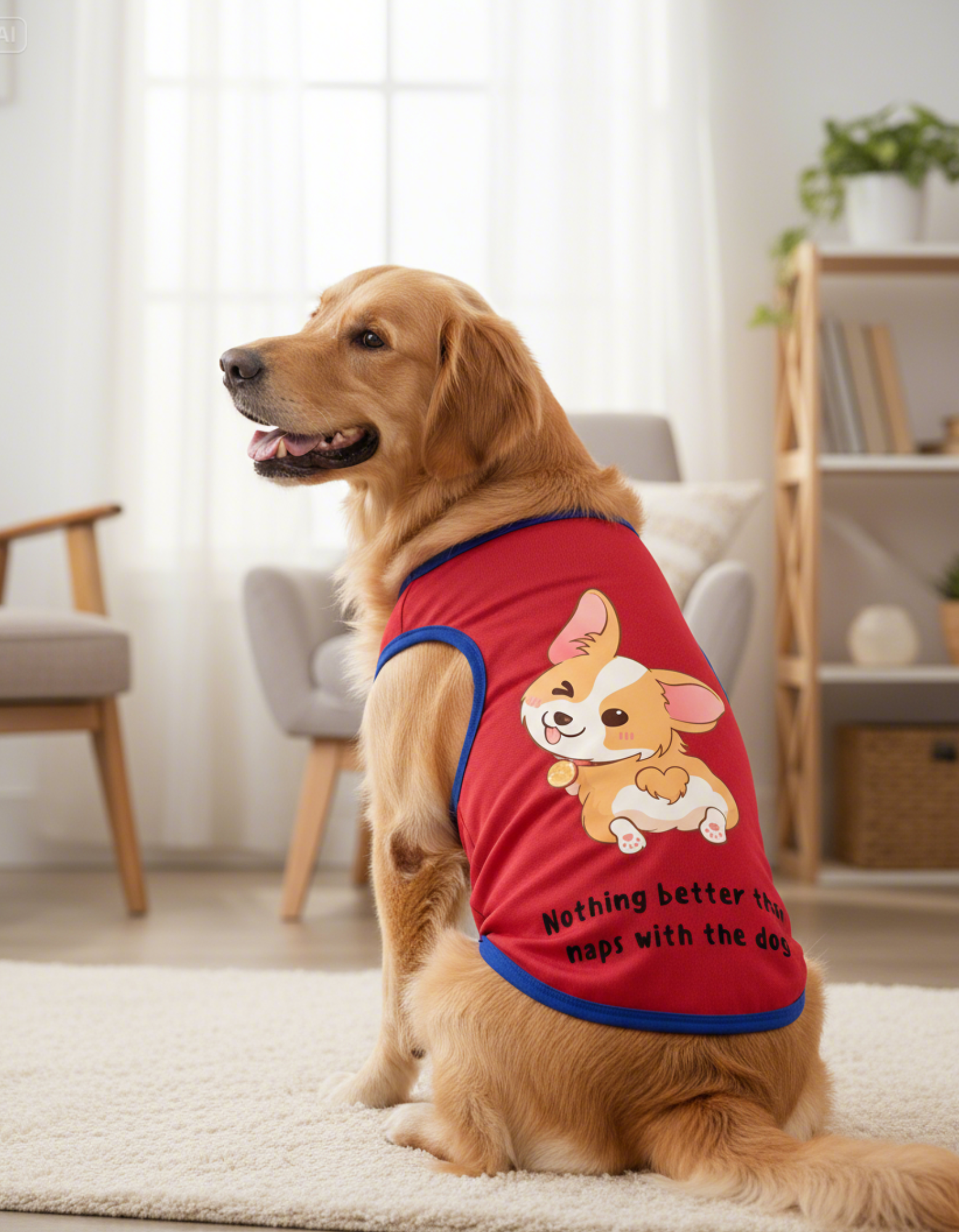 Dog wearing a red shirt with a cartoon dog design in a living room.