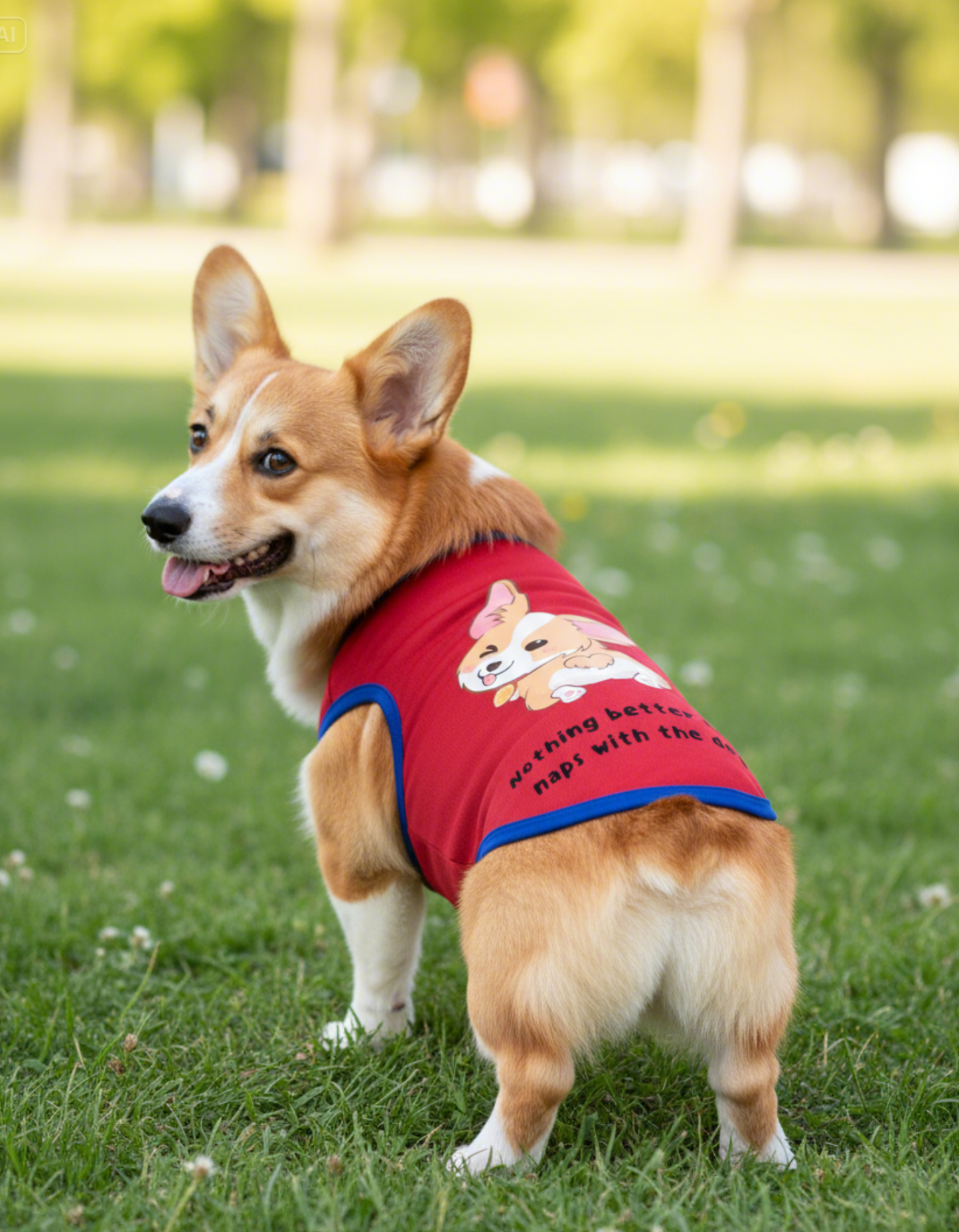 Corgi wearing a red shirt with cartoon character on grassy field