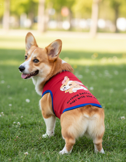 Corgi wearing a red shirt with cartoon character on grassy field