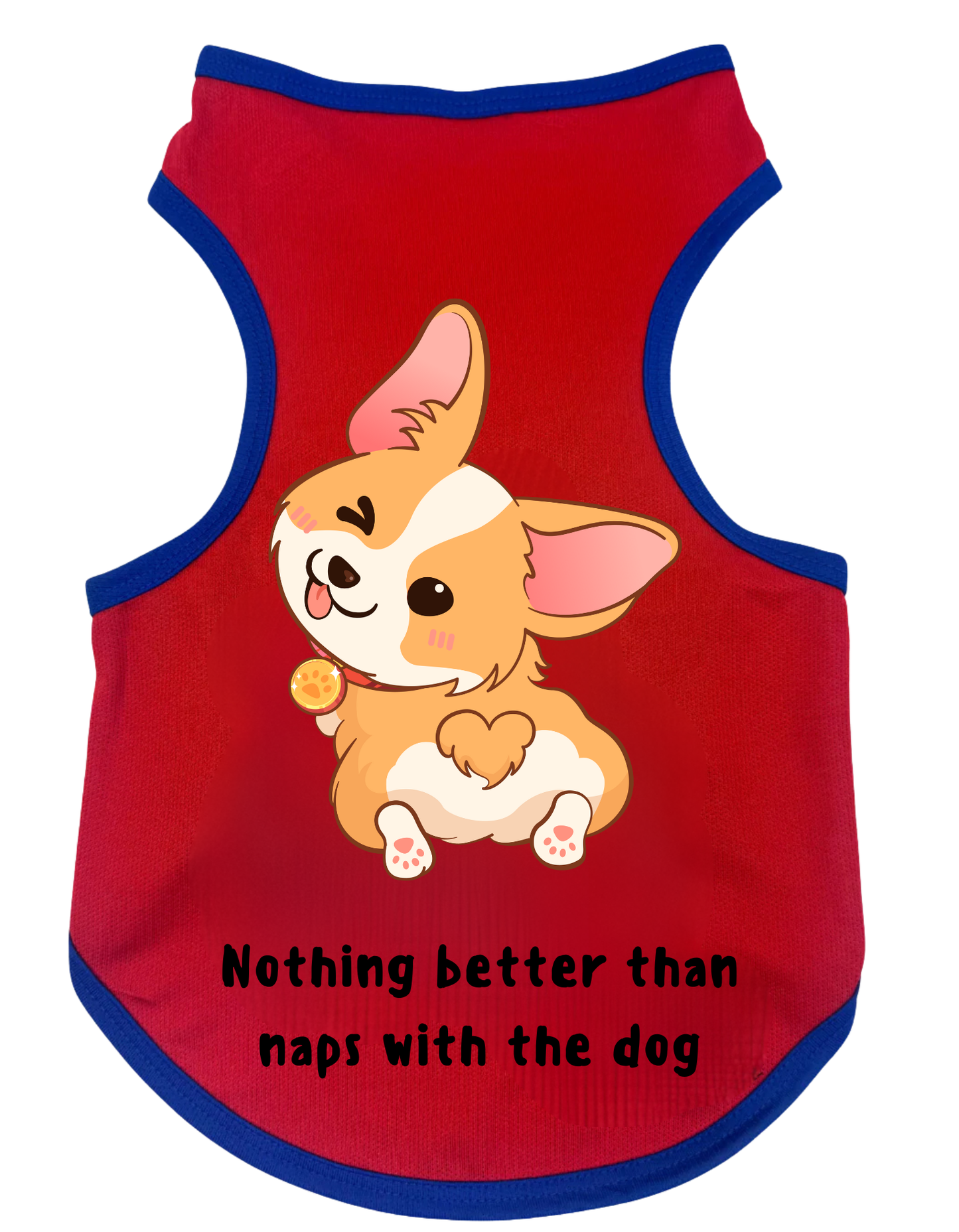 Red pet vest with a cartoon dog design and text on a white background