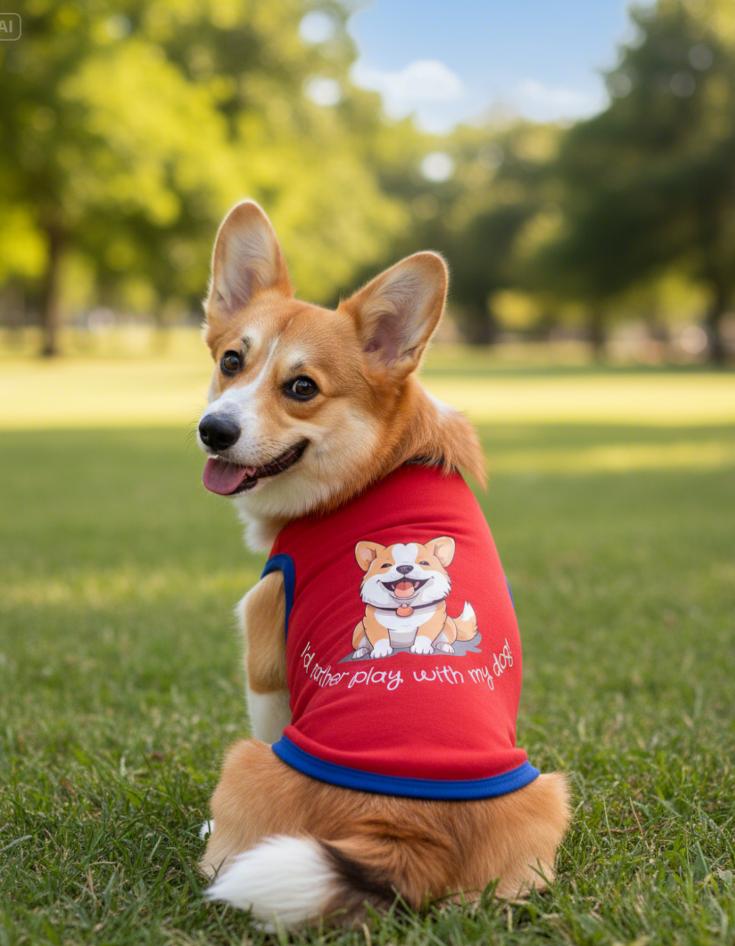 Golden Retriever wearing red dog t-shirt with cartoon print – Petaloons Pet Apparel