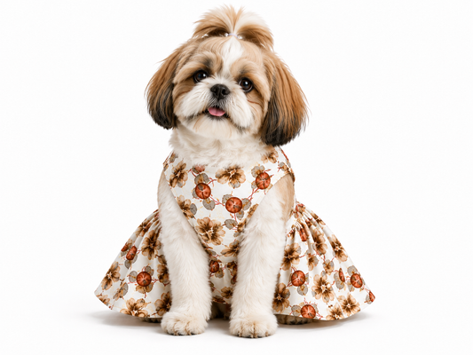 Small dog wearing a floral dress on a white background