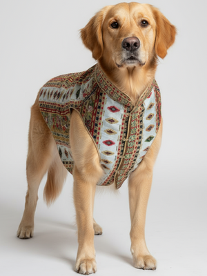 Dog wearing a patterned shirt on a white background