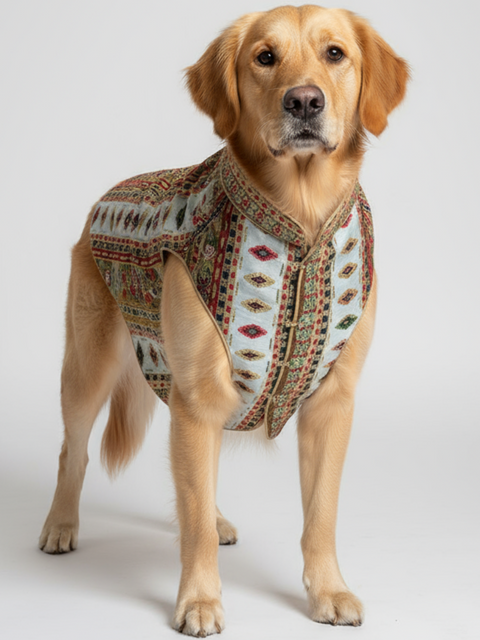 Dog wearing a patterned shirt on a white background