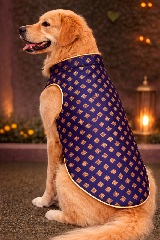 Dog wearing a blue checkered coat sitting on a carpeted floor with a warm, blurred background.