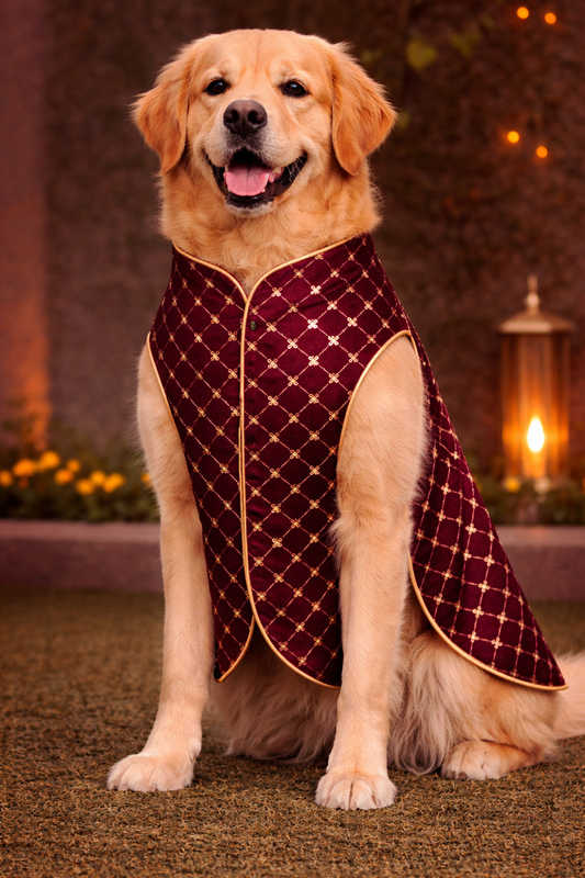 Dog wearing a patterned red vest against a warm-toned background