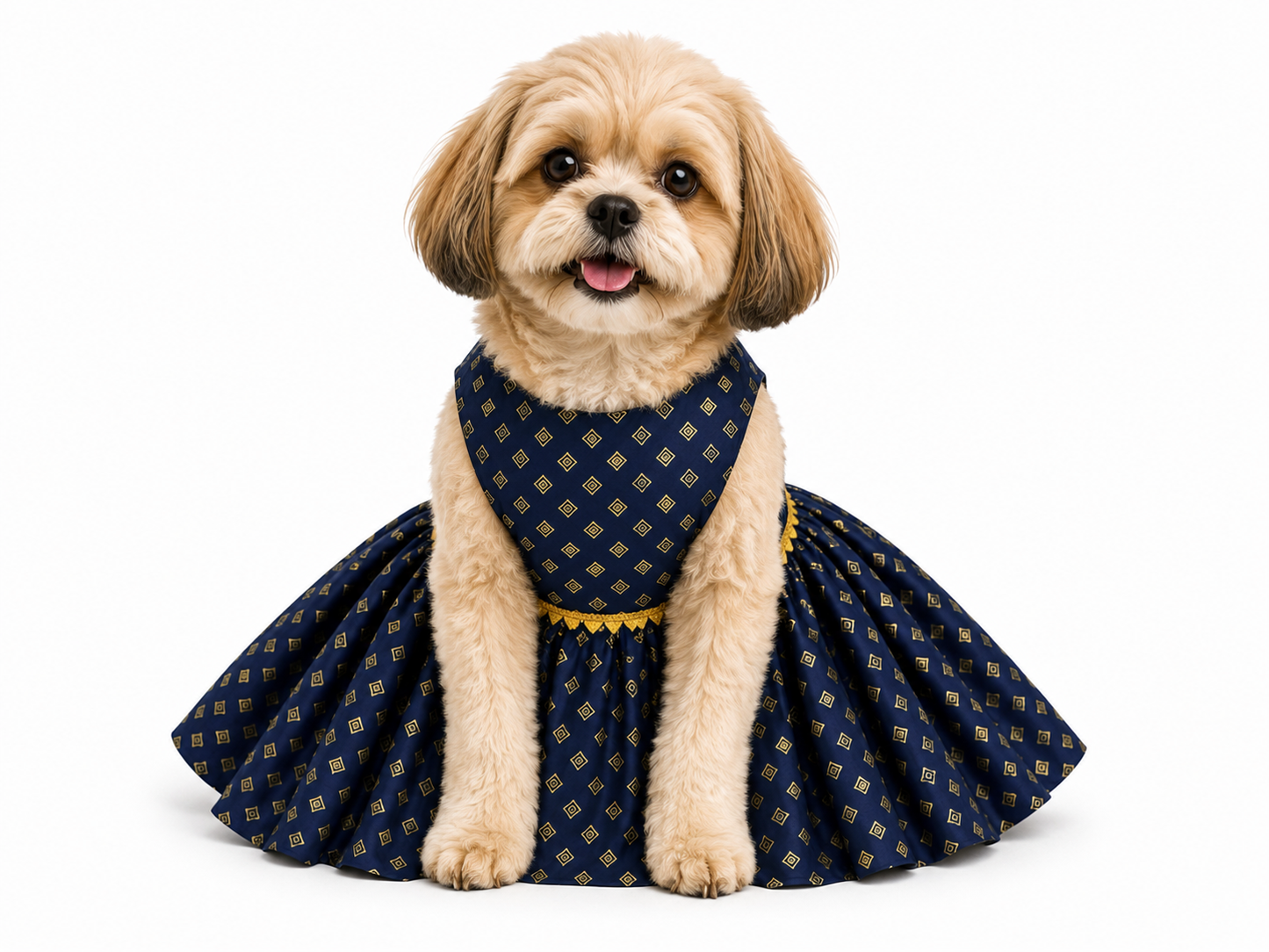 Dog wearing a navy blue dress with gold patterns on a white background