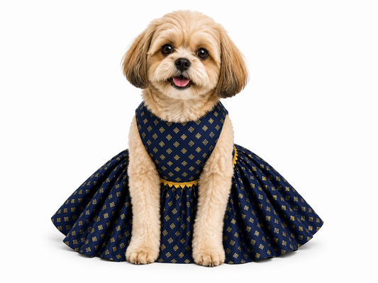 Dog wearing a navy blue dress with gold patterns on a white background