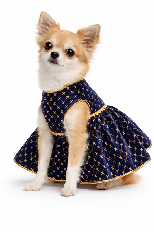 Small dog wearing a blue dress with gold stars on a white background