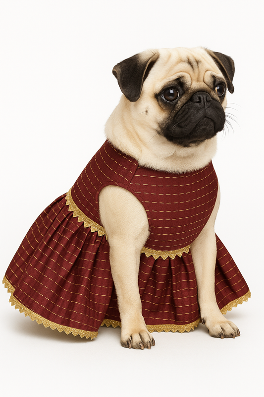 Small dog wearing a maroon lehenga with golden lace, posing on a white background – traditional ethnic dress for pets