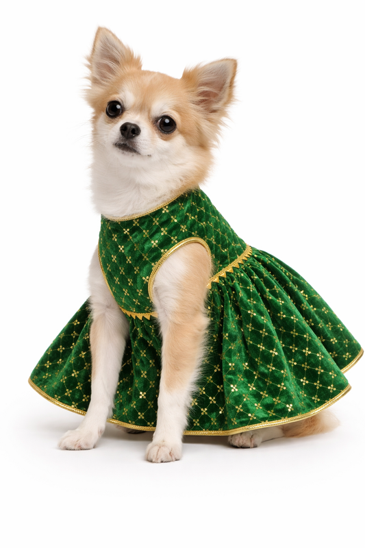 Small dog wearing a green dress with gold patterns on a white background