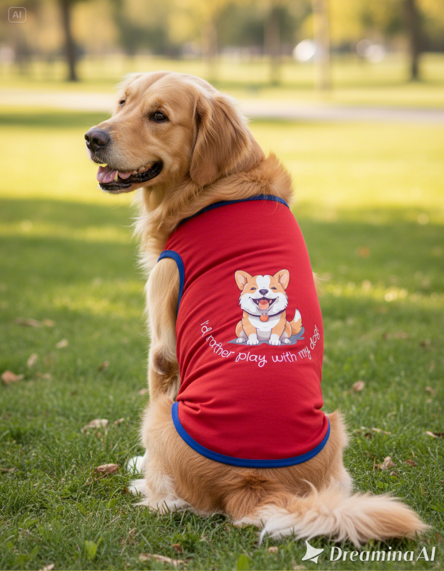 Dog wearing a red shirt with a cartoon dog design in a park