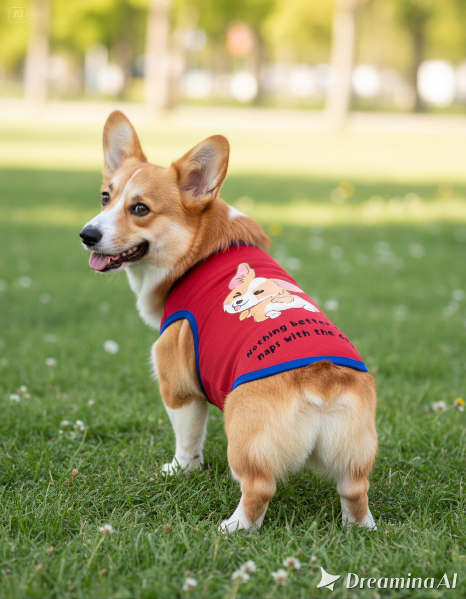 Corgi wearing a red sweater with cartoon characters on a grassy field