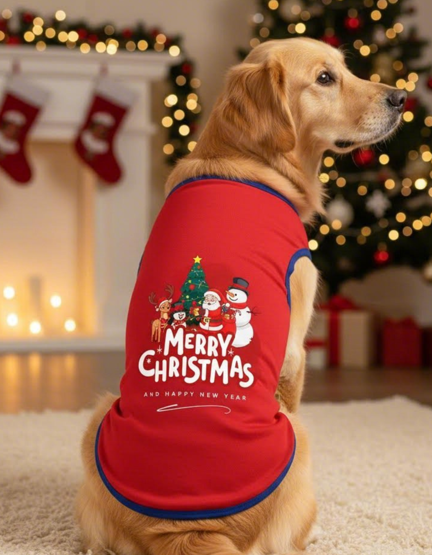 Dog wearing a red 'Merry Christmas and Happy New Year' shirt in a festive setting with a Christmas tree and stockings.