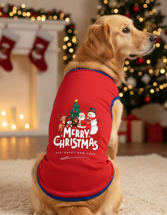 Dog wearing a red 'Merry Christmas and Happy New Year' shirt in a festive setting with a Christmas tree and stockings.
