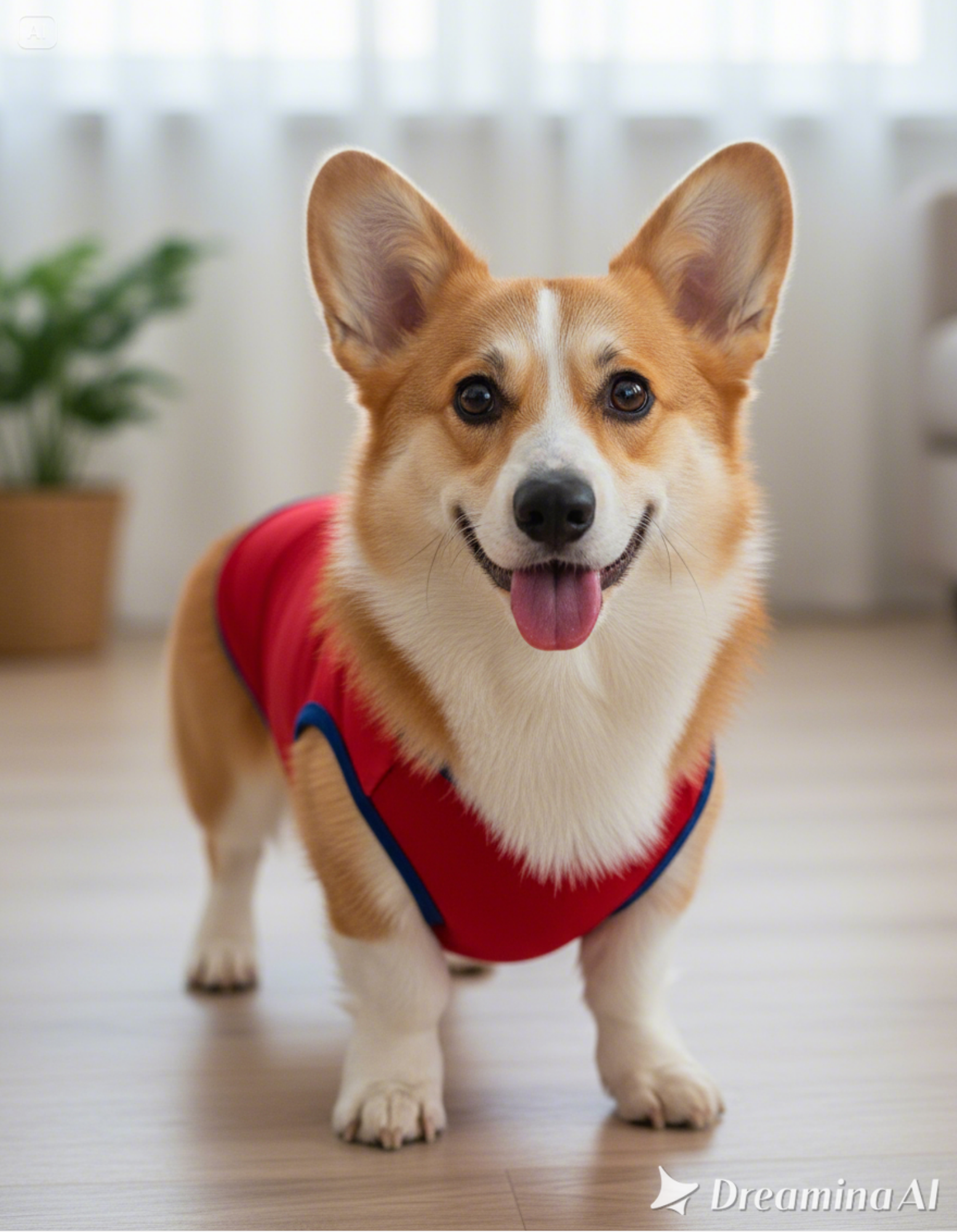 Corgi dog wearing a red sweater indoors