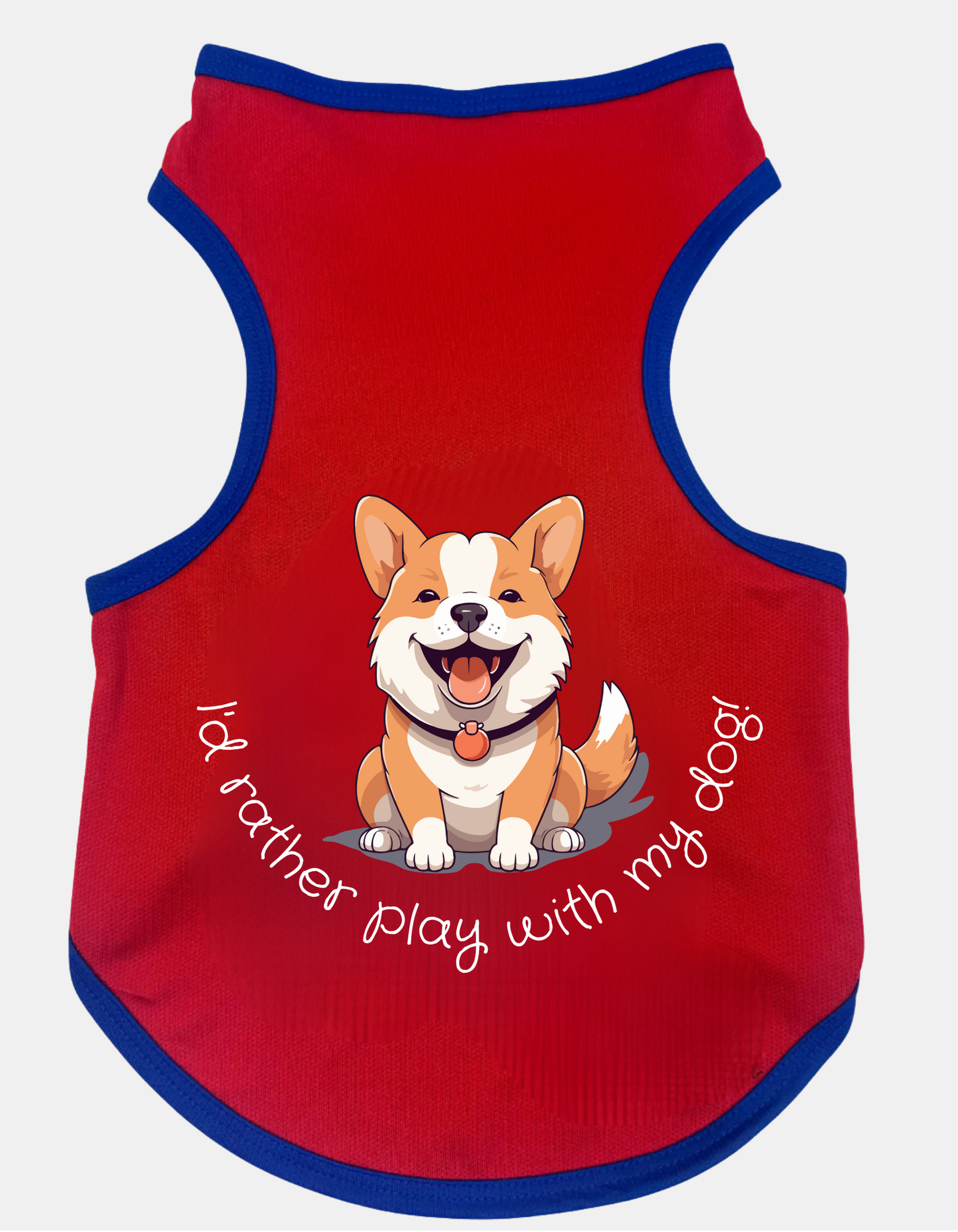 Red pet shirt with a corgi illustration and text on a white background
