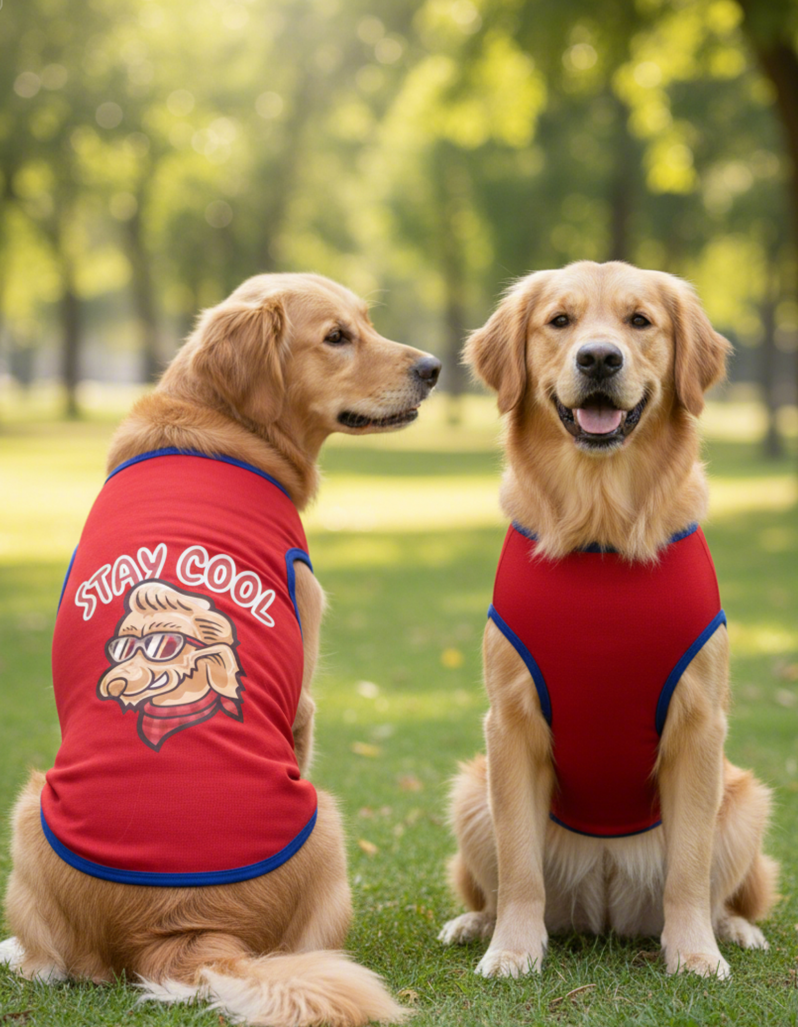 Two golden retrievers wearing red shirts with a graphic design in a park setting.