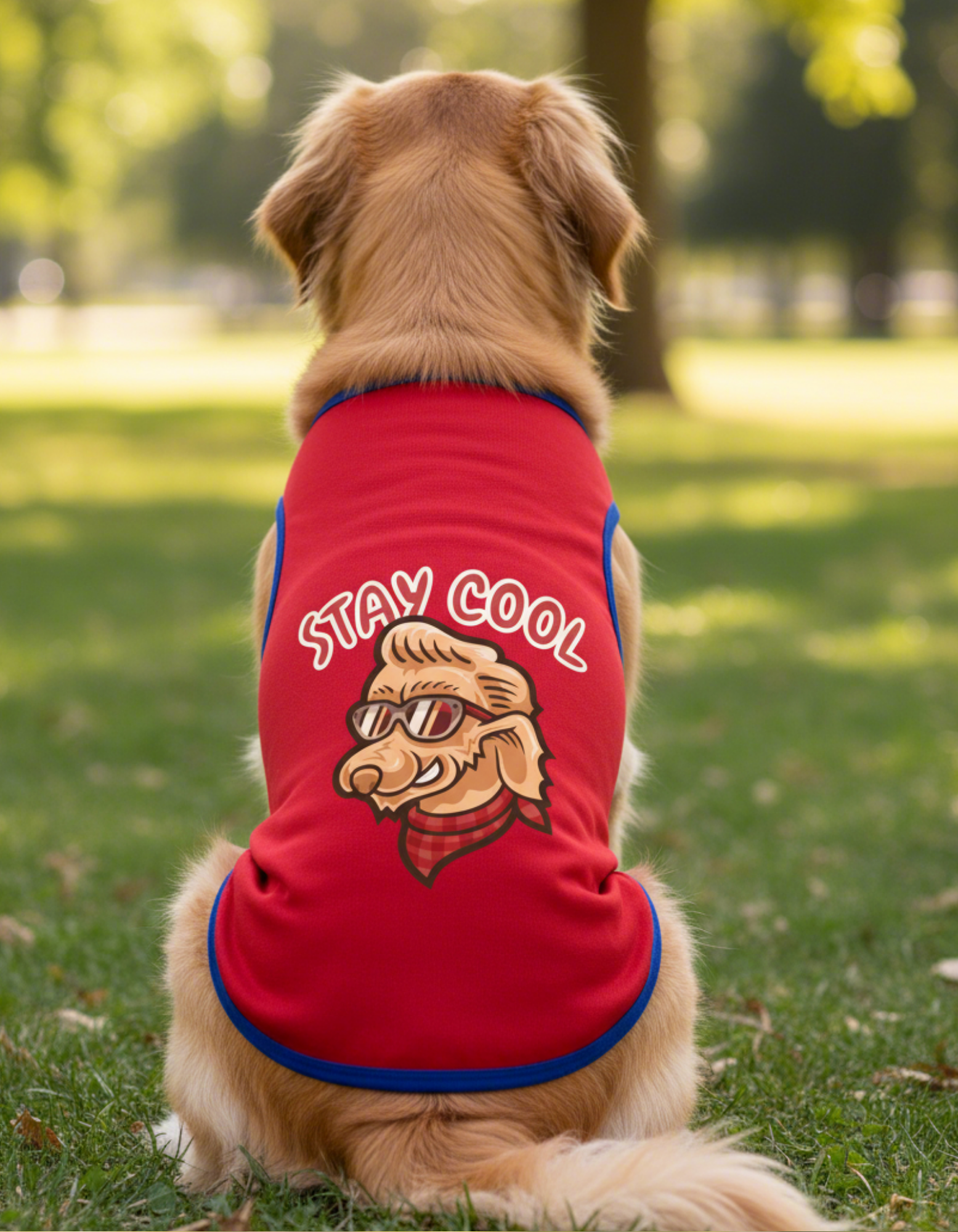 Dog wearing a red shirt with a graphic and text 'Stay Cool' in a park setting