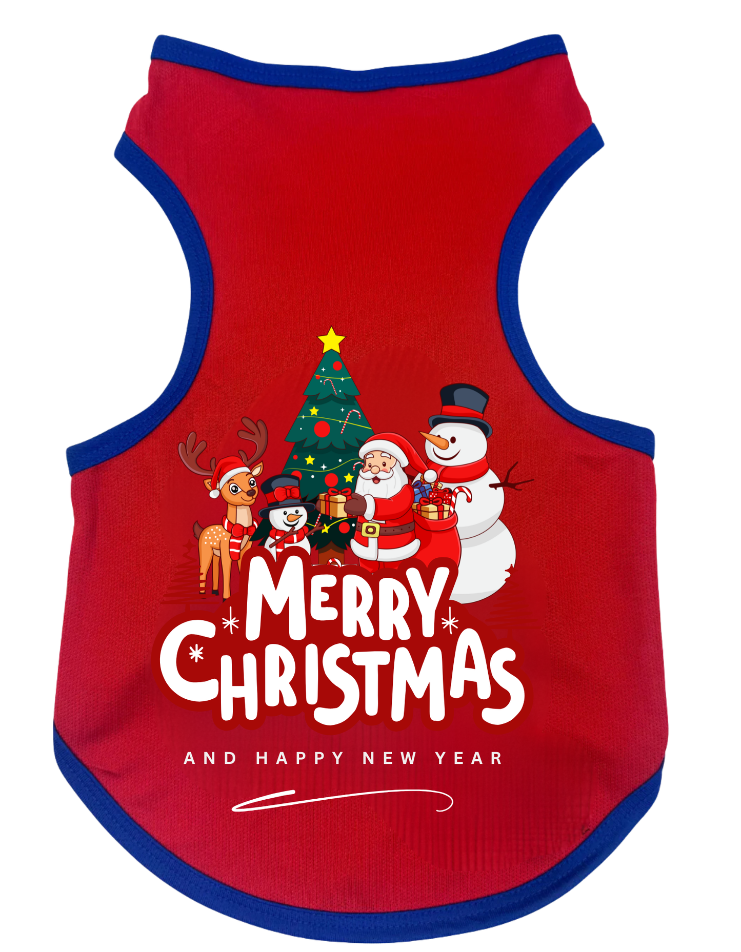 Red pet vest with Christmas design featuring Santa, reindeer, and snowman on a white background.