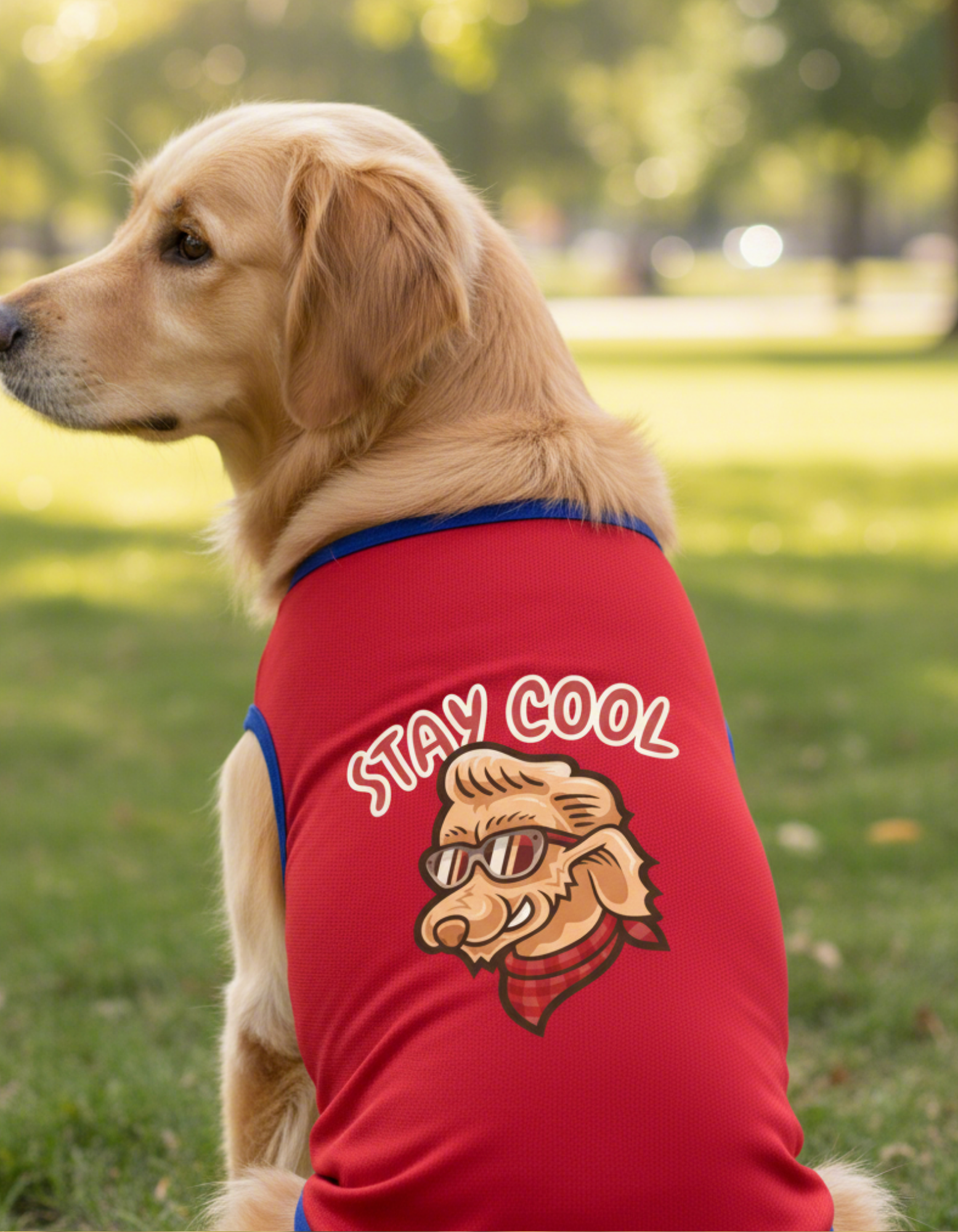 Dog wearing a red shirt with 'Stay Cool' and a lion graphic in a park setting