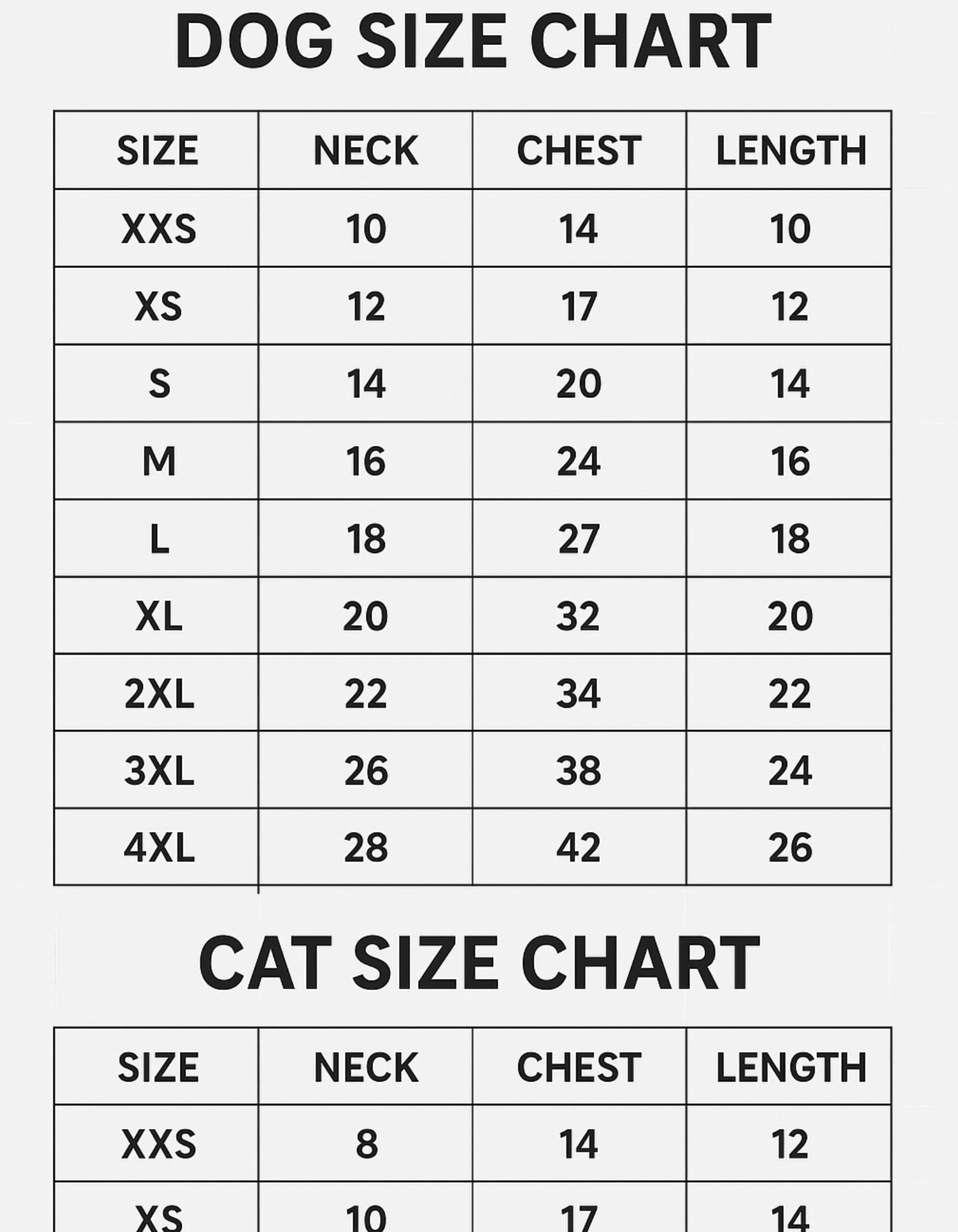 Dog and cat size chart with measurements for neck, chest, and length.
