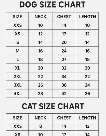 Dog and cat size chart with measurements for neck, chest, and length.